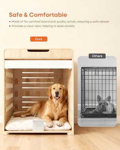 Modern Dog Crate Furniture with Charging Station Large Kennel Indoor with Flip-up Hidden Acrylic Door for Large and Medium Breeds up to 110lb Wood Pet End Side Table Cage, Oak GOUUN