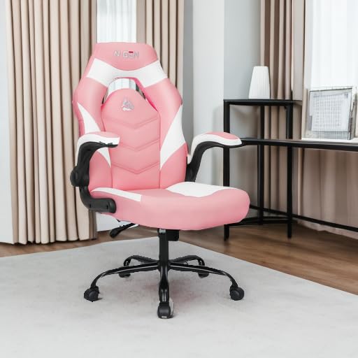 N-GEN Video Gaming Computer Chair Ergonomic Office Chair Desk Chair with Lumbar Support Flip Up Arms Adjustable Height Swivel PU Leather Executive with Wheels for Adults Women Men (Pink)