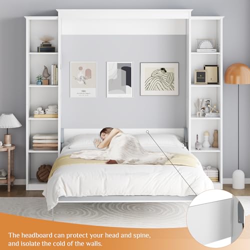 Rophefx Queen Murphy Bed Cabinet with 5-Tier Adjustable Storage Shelves, Wood Queen Wall Bed Cabinet Bed, Space Saving Beds, Hidden Bedframe, Foldable Platform Beds for Guest Room, Bedroom, White Rophefx