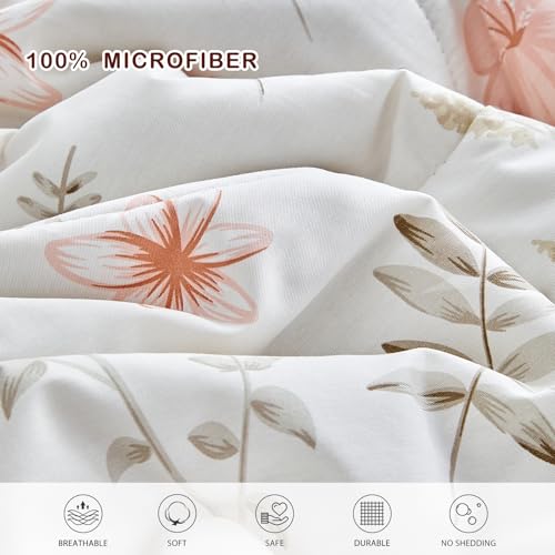 Joyreap 7pcs Cotton Comforter Sheet Set for Girls, Queen Size Bed in a Bag, Pink Flowers n Leaves Botanical Design, Soft n Cozy Kids Bedding Comforter Set for All Season- 88x88 inches Joyreap
