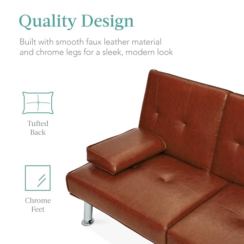 Best Choice Products Faux Leather Upholstered Modern Convertible Futon, Adjustable Folding Sofa Bed, Guest Bed w/Removable Armrests - Medium Brown Best Choice Products