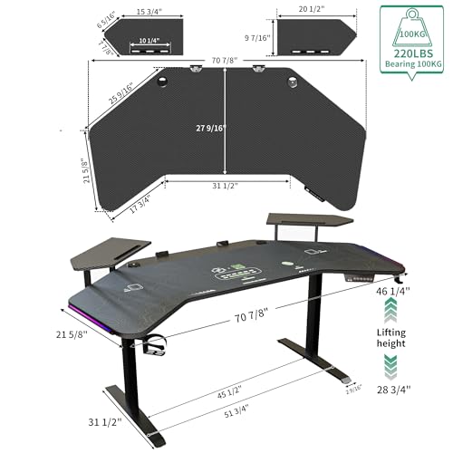JWX Standing Gaming Desk with Aluminum Alloy Led Lights, 72'' Wing Shaped Large Gaming Studio Music Desk with Slot Design Shelves, for Live Streamer, Social Media Influencer & Music Recording JWX