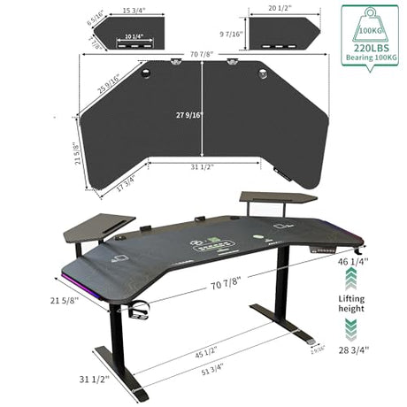 JWX Standing Gaming Desk with Aluminum Alloy Led Lights, 72'' Wing Shaped Large Gaming Studio Music Desk with Slot Design Shelves, for Live Streamer, Social Media Influencer & Music Recording JWX