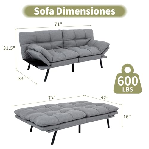 Vipbear 71" Futon Sofa Bed - Convertible Sofa Beds/Adjustable Backrest & Armrest, Comfy Loveseat Sleeper for Small Spaces, Apartments & Offices,Linen Fabric Medium Grey Futons Vipbear
