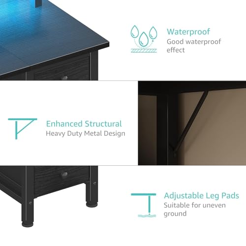 Lufeiya Black Gaming Desk with LED Lights and Power Outlets, 47 inch Computer Desk with Fabric Drawers and Storage Shelves, Home Office Desk with Monitor Stand, Black Lufeiya