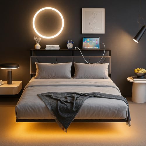 HOJINLINERO Floating Queen Bed Frame with Headboard&Storage Shelf,Ergonomic Queen Size Bed Frame with USB Charging& LED Lights,Platform Bed Frame Noise-Free Metal Slats | Modern Bedroom Design HOJINLINERO