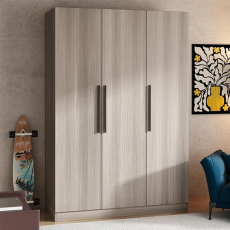 ECACAD Wardrobe Armoire with 4-Tier Shelves, Hanging Rod and 3 Doors, Wooden Closet Storage Cabinet for Bedroom, Brown Grey (47.2”W x 18.9”D x 70”H) ECACAD