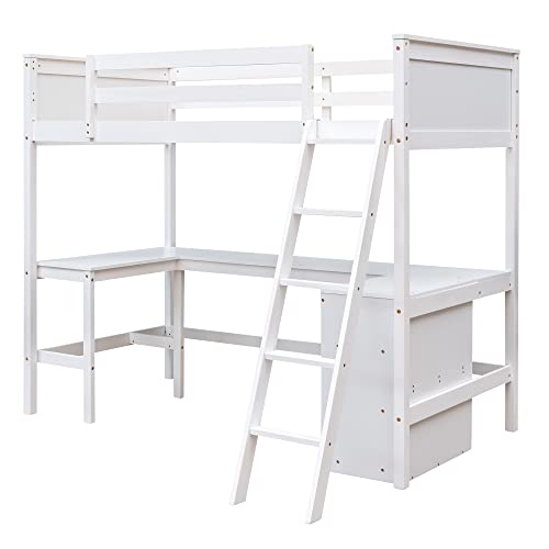 Ball & Cast Twin Size Loft Bed with Full-Length Guard Rail and Storage Shelves,Wood Bedframe w/Ladder & U Shape Desk,Slat Support,Space Saving,Bedroom Furniture for Student Dorms,Studio,White Ball & Cast