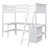 Ball & Cast Twin Size Loft Bed with Full-Length Guard Rail and Storage Shelves,Wood Bedframe w/Ladder & U Shape Desk,Slat Support,Space Saving,Bedroom Furniture for Student Dorms,Studio,White Ball & Cast