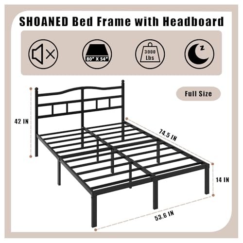 SHOANED 14 Inch Metal Bed Frame - Full Size Heavy Duty Bedframe with Headboard Black Basic Steel Slats Platform No Box Spring Needed/Easy Assembly/Noise Free SHOANED
