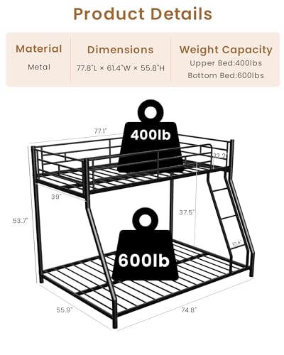Mixcous Twin Over Full Bunk Bed for Adults & Kids, Heavy Duty Bunk Beds with EVA Padded Ladder and Full-Length Guardrails, Noise-Free Metal Bed Frame, Space-Saving Design, Black Mixcous