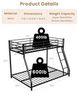 Mixcous Twin Over Full Bunk Bed for Adults & Kids, Heavy Duty Bunk Beds with EVA Padded Ladder and Full-Length Guardrails, Noise-Free Metal Bed Frame, Space-Saving Design, Black Mixcous