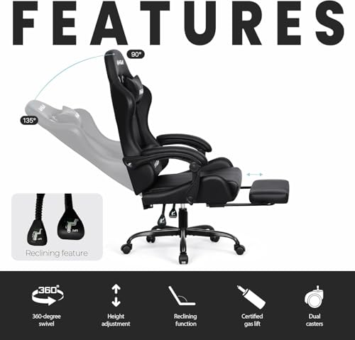 N-GEN GAMING Video Gaming Chair with Footrest Lumbar Support for Home Office High Back Recliner Height Adjustable Ergonomic Comfy Leather Computer Desk Chair (Carbon Black)