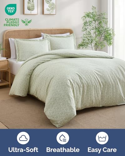 Duvet Cover Queen Size Set - Extra Soft Floral Duvet Cover 90 x 90 with 2 Pillow Shams - Comfy, Breathable Bedding Set - Hotel Luxury & Fade Free with Zipper Closures & Ties - Sage Retro Floral CGK Unlimited
