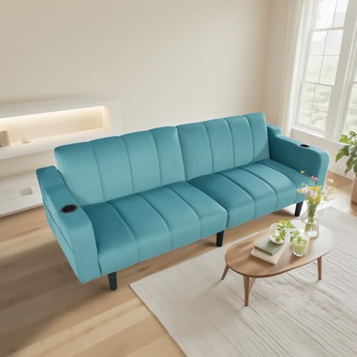Chfeloai 80" Velvet Futon Sofa Bed, Convertible Sleeper Loveseat with Cup Holders & Storage Pockets, Mid Century Modern Couch for Living Room, Bedroom, Office, Small Space (Teal Blue) Chfeloai