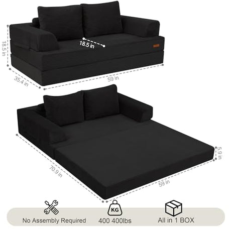 COMAX Futon Sofa Bed, Convertible Folding Sofa Bed, Boneless Couch Loveseat Corduroy with Pillows, Small Foldable Floor Couch Comfy Lounge Sleeper for Living Room Bedroom, Black COMAX