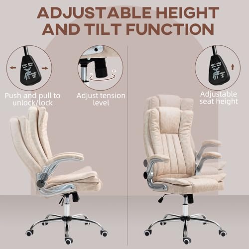 HOMCOM Executive Office Chair with Padded Flip-up Arms, Microfiber High Back Desk Chair, Swivel Computer Chair with Adjustable Height and Tilt Function, Cream White HOMCOM