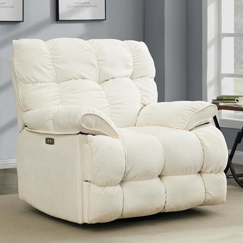 Pationate Oversized Rocker Recliner Chair,Power Swivel Recliner for Living Room,Overstuffed Extra Wide Rocking Recliners with Breathable Soft Fabric,Up to 350lbs (Power, White)