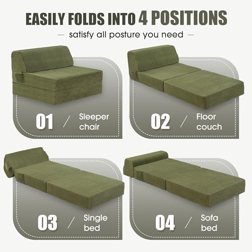 Kasunpul Folding Sofa Bed with Pillow, Memory Foam Fold Out Chair Bed, Convertible Sleeper Chair with Washable Cover, Futon Floor Couch for Living Room/Dorm/Guest Use/Home Office/Apartment, Green Kasunpul