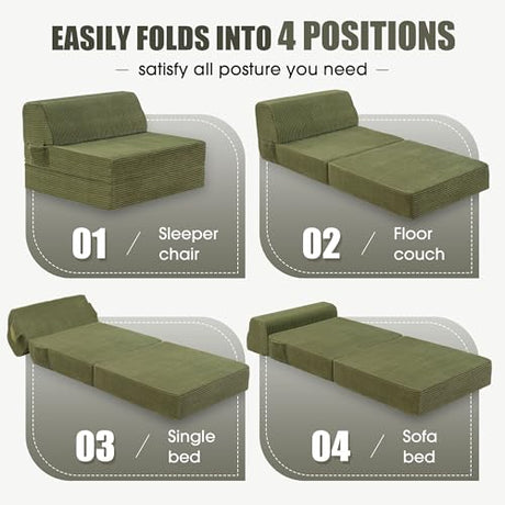 Kasunpul Folding Sofa Bed with Pillow, Memory Foam Fold Out Chair Bed, Convertible Sleeper Chair with Washable Cover, Futon Floor Couch for Living Room/Dorm/Guest Use/Home Office/Apartment, Green Kasunpul