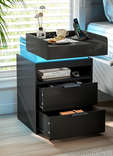 Suuiwau Black LED Nightstand with Charging Station, App - Controlled LED Lights & Sliding Top, Night Stand End Table with Hidden Compartment for Bedroom Suuiwau