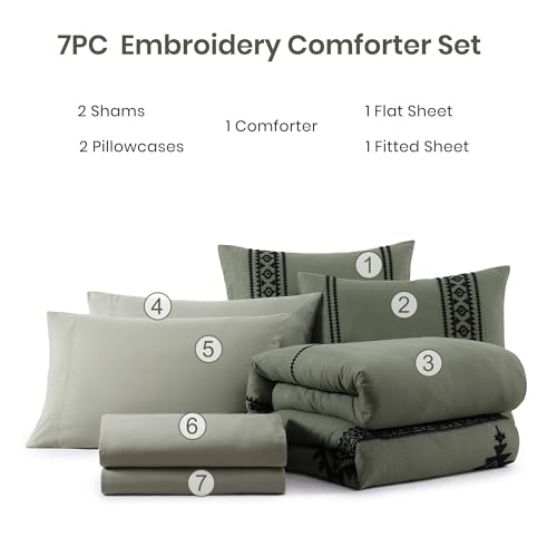 MaiRêve Embroidery Comforter Set, Boho Farmhouse Western Bedding Set, All Season Bed in A Bag Comforter Set with Sheets, Pillowcases & Shams, Olive Green Queen 7 Pieces MaiRêve