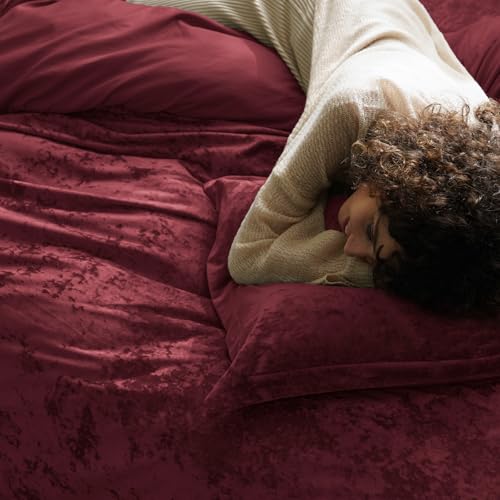 PHF Truly Velvet Duvet Cover Set King Size, 3pcs Ultra Soft Breathable Comforter Cover Set, Luxury Cozy Flannel Duvet Cover with Pillow Shams Bedding Collection, 104" x 90", Wine Red PHF