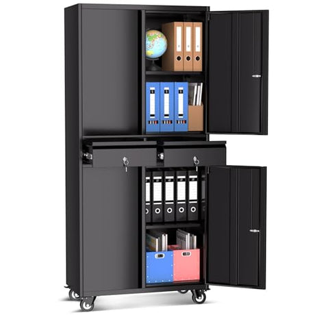 GarveeHome Garage Storage Cabinet, 73'' Metal Storage Cabinet with Wheels and Adjustable Shelves, Heavy Duty Storage Cabinet with Locking Doors and 2 Drawers for Office and Garage, Black GarveeHome