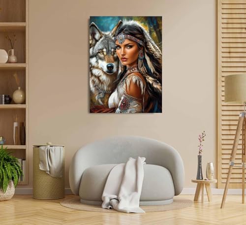 American Native Indian Woman and Wolf Paint by Numbers Kit for Adults, 16"x20" Canvas Painting Kit for Beginners, Modern Aesthetic DIY Paint by Number on Canvas for Home Wall Decor 86 WoodArtSupply