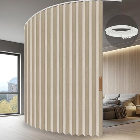 JILRON Accordion Folding Room Partition with Ceiling Track - Retractable Room Divider Curtain, Effortless Setup(Beige 100" W x 84" L-Pack of 1) Jilron