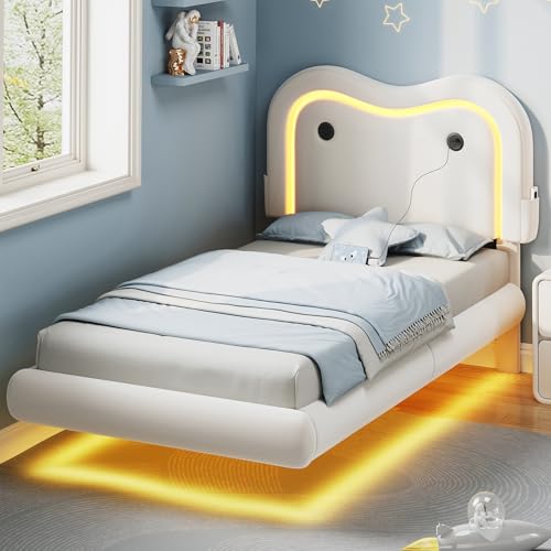 MapleGrace Twin Upholstered Bed Frame with Curved Headboard, Floating Bed Frame with LED Lights and Charging Station, Soft Rounded Corners, No Box Spring Needed, Easy Assembly, White MapleGrace