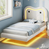 MapleGrace Twin Upholstered Bed Frame with Curved Headboard, Floating Bed Frame with LED Lights and Charging Station, Soft Rounded Corners, No Box Spring Needed, Easy Assembly, White MapleGrace