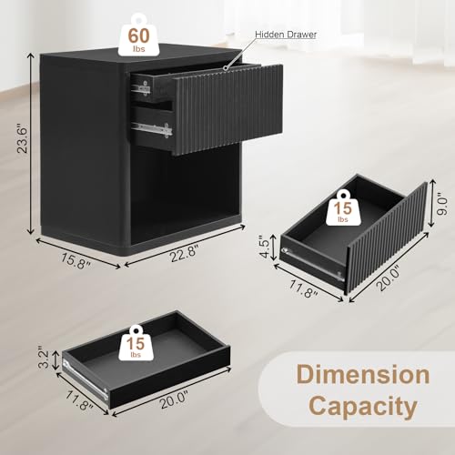 Yechen 22.8" W Black Nightstand Set of 2 with Hidden Drawers and Open Shelves, Mid Century Modern Nightstand Curved Profile, Large Wood Fluted Night Stand, Accent Bedside End Table Yechen