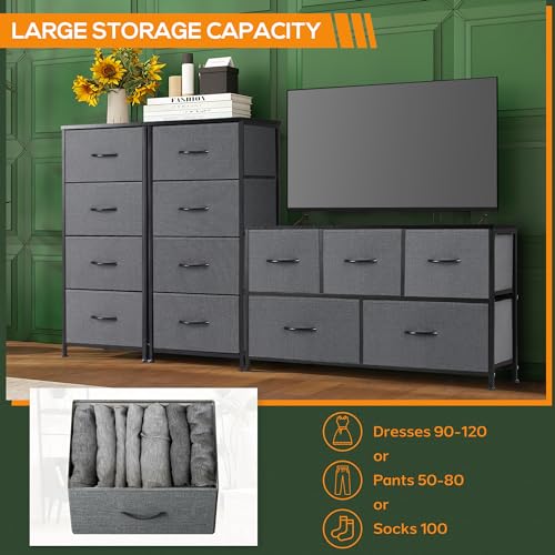 Horshod Dresser for Bedroom, 4 Storage Drawers, Tall Fabric Closet Chests Organizer Tower Furniture with Wooden Top Metal Frame for Clothes, Kids Room, Living Room, Hallway, Entryway Horshod