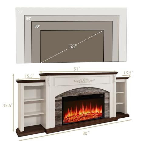 80" Electric Fireplace with Mantel, Fireplace TV Stand for TVs Up to 90 Inch, Realistic Stacked Stone Surround with Remote Control Timer LED Flame for Living Room(Antique White) BLANKSPACE