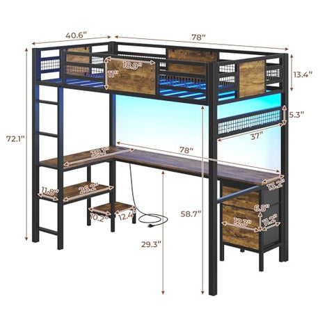 BTHFST Twin Loft Bed with L-Shaped Desk, LED Lights & Charging Station, 3 Fabric Drawers, Safety Guard & Ladder BTHFST