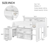 Merax Low Loft Bed with Pull-Out Desk, Full Size Loft Bed with 8 Storage Shelves and Lights, Wooden Kids Loft Bed with Safety Guardrail, Under-Bed Play Space, No Box Spring Needed, Noise-Free, White Merax