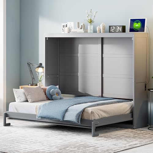 Harper & Bright Designs Queen Size Murphy Bed Cabinet Wall Bed Chest, Solid Wood Queen Platform Bed Frame, Space-Saving for Multipurpose Guest Room Bedroom or Home Office, Gray Harper & Bright Designs