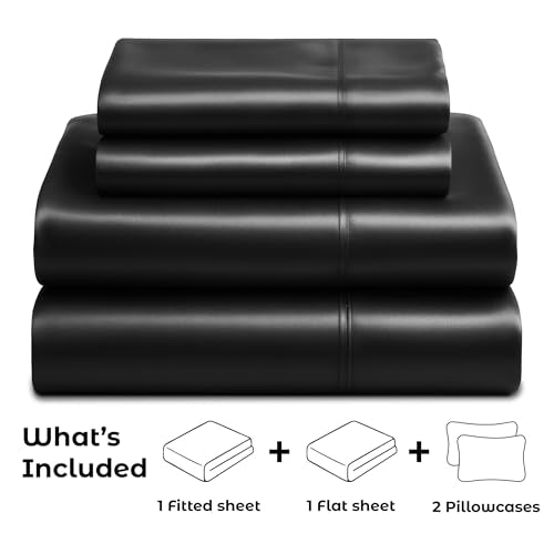 Pure Bedding Satin Sheets Queen [4-Piece, Black] Hotel Luxury Silky Bed Sheets - Extra Soft 1800 Microfiber Sheet Set, Wrinkle, Fade, Deep Pocket Fitted Sheet, Flat Sheet, Pillow Cases Pure Bedding