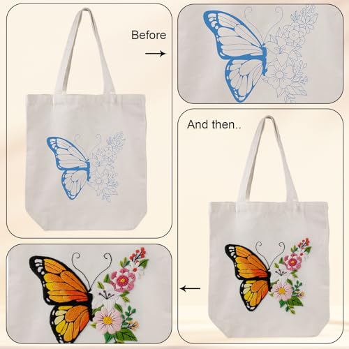 Louise Maelys Embroidery Kit Canvas Tote Bag for Beginners,Cross Stitch Kits for Adults,DIY Needlepoint with Butterfly Floral Pattern,Women Shopping Reusable Grocery Bags