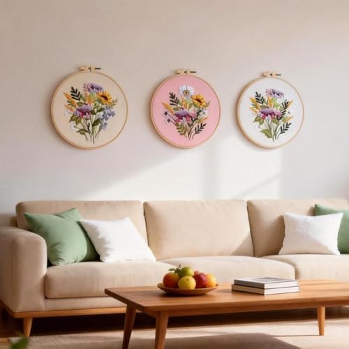 Herdiese Embroidery Kit for Beginners & Adults, 3 PCS Cross Stitch Kit with Floral Patterns – Complete Starter Set with Hoop, Pre-Printed Fabrics, Threads, 9 Needles & Scissors