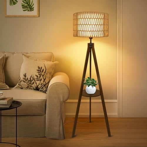 LAMSU Boho Tripod Floor Lamp with Shelves, Mid Century Wood Standing Lamp with Rattan & Fabric Shades, ON/Off Foot Switch, Modern Farmhouse Tall Floor Lamps for Living Room Bedroom Office - WoodArtSupply