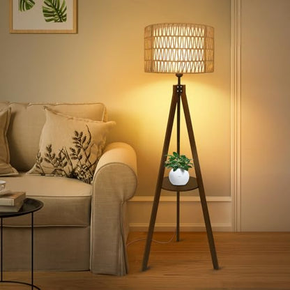 LAMSU Boho Tripod Floor Lamp with Shelves, Mid Century Wood Standing Lamp with Rattan & Fabric Shades, ON/Off Foot Switch, Modern Farmhouse Tall Floor Lamps for Living Room Bedroom Office - WoodArtSupply