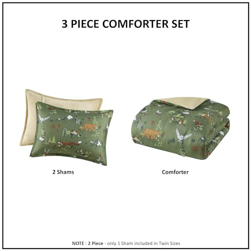 Intelligent Design Kids Queen Comforter Set, Reversible Plush, Cozy Plush Reverse Bedding, Winter Fluffy Comforter Bed Set, 2 Shams, Enchanting Forest Animals, Full/Queen, Sage Green 3 Piece Intelligent Design