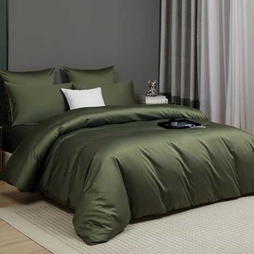 Olive Green Cotton Duvet Cover Set Queen 100% Long-Staple Cotton Sateen Bedding Set, Soft Breathable Smooth Organic Pure Cotton Plain Comforter Cover, Luxury Minimalist Bedroom Decor for All Season YASMENG