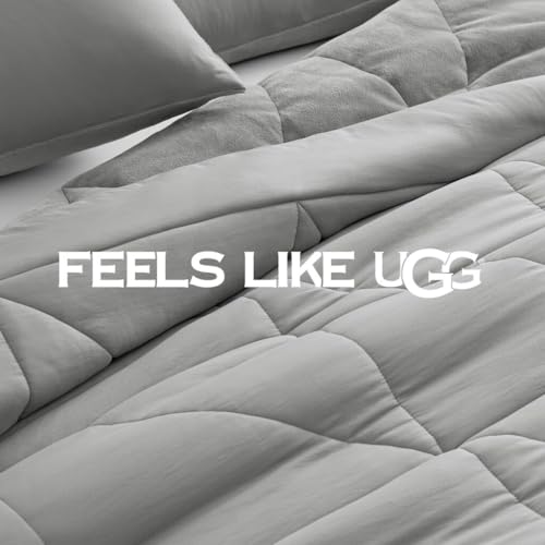 UGG Full/Queen Comforter Set – 3 Piece Luxury Reversible Plush Queen Bed Set with Down Alternative Fill, Soft Comforter Bedding Set with 2 Queen Shams for Home & Bedroom Decor, Seal Gray (Corey) UGG