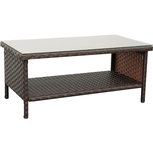 Outdoor Wicker Coffee Table Patio Furniture Garden Rattan 2-Layer Glass Table with Storage and Furniture Cover, Brown Rattaner