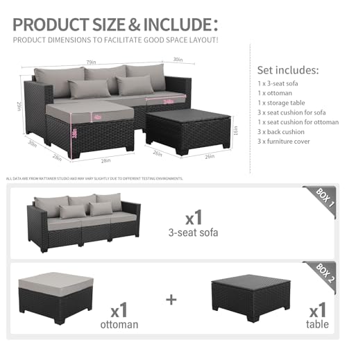 Rattaner 3 Pieces Patio Furniture Set Outdoor Sectional Wicker Patio Furniture Patio Couch with Ottoman and Outdoor Storage Table All-Weather Anti-Slip Cushions Waterproof Covers, Light Grey Rattaner