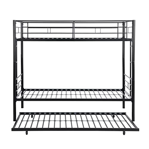 KEIKI Twin Over Twin Size Metal Detachable Bunk Bed Frame with Ladder, Trundle and Guardrail, Modern Style Bunk Beds with Slats, No Box Spring Required, Easy Assembly, for Bedroom or Dormitory, Black KEIKI