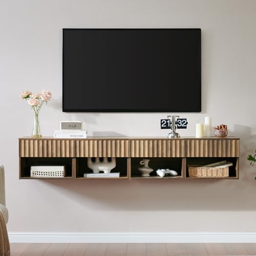 BuildHom Floating Nightstand with Fluted Drawer - Modern Wall Mounted Bedside Table with Open Storage Shelf, Small Night Stand TV Stand for Bedroom(Rustic Brown, Set of 2) BuildHom